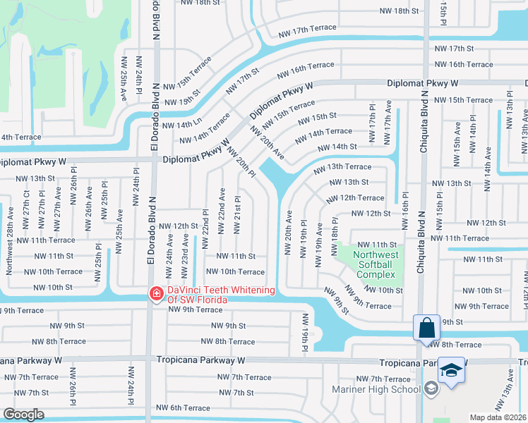 map of restaurants, bars, coffee shops, grocery stores, and more near 1127 Northwest 21st Avenue in Cape Coral