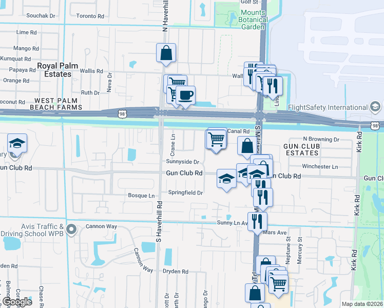 map of restaurants, bars, coffee shops, grocery stores, and more near 4850 Sunnyside Drive in West Palm Beach