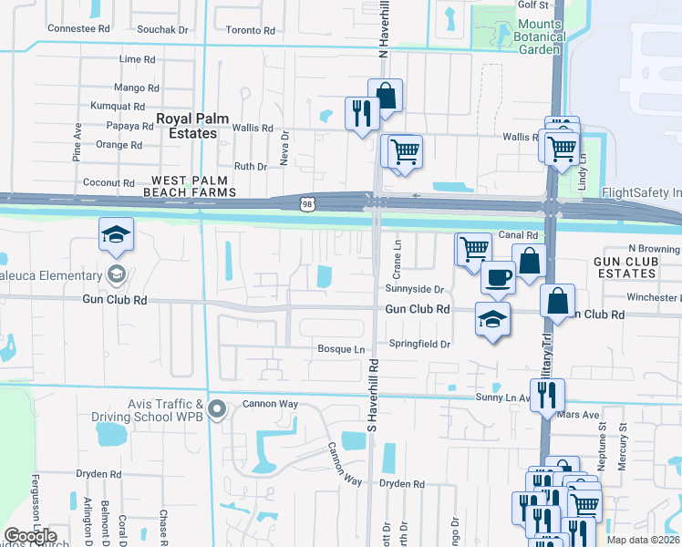 map of restaurants, bars, coffee shops, grocery stores, and more near 104 Gondola Drive in West Palm Beach