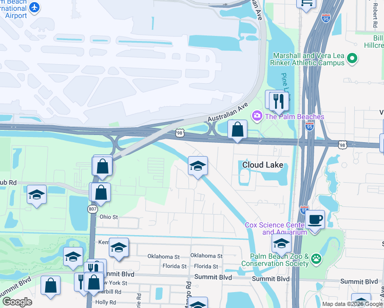 map of restaurants, bars, coffee shops, grocery stores, and more near 1660 Southern Boulevard in West Palm Beach