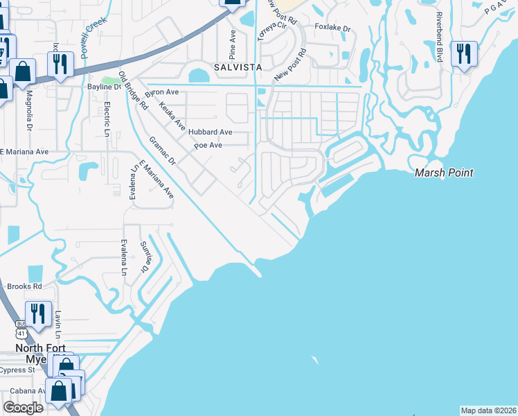 map of restaurants, bars, coffee shops, grocery stores, and more near 1108 Old Bridge Road in North Fort Myers