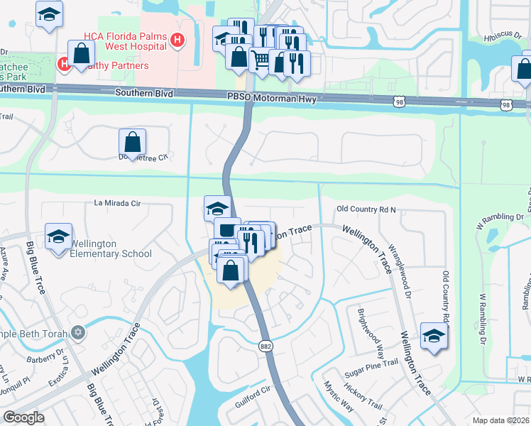 map of restaurants, bars, coffee shops, grocery stores, and more near 12665 Timber Pine Trail in Wellington