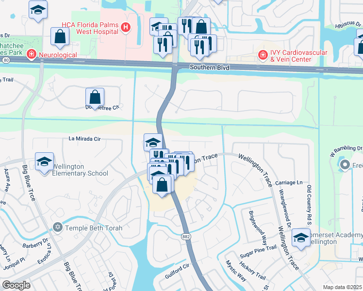 map of restaurants, bars, coffee shops, grocery stores, and more near 12765 Timber Pine Trail in Wellington