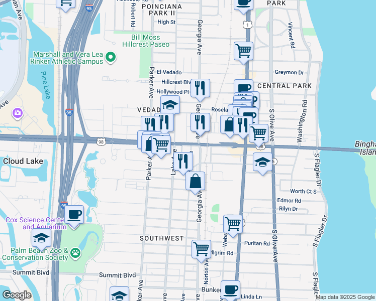 map of restaurants, bars, coffee shops, grocery stores, and more near 745 Southern Boulevard in West Palm Beach