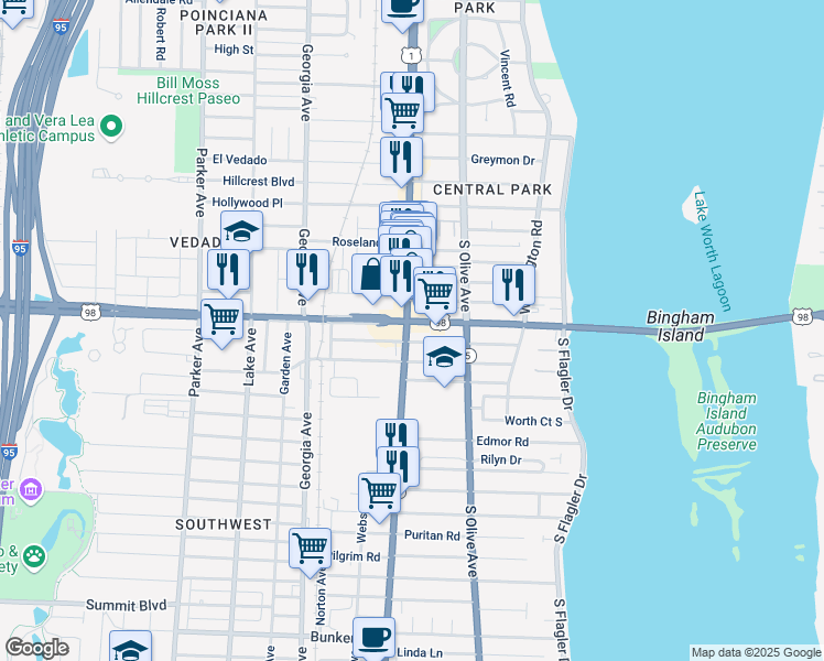 map of restaurants, bars, coffee shops, grocery stores, and more near in West Palm Beach