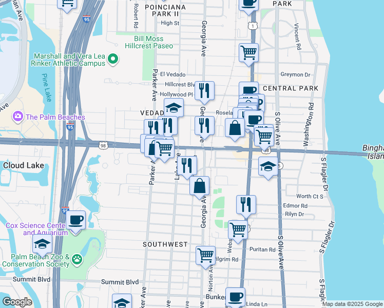 map of restaurants, bars, coffee shops, grocery stores, and more near 745 Southern Boulevard in West Palm Beach