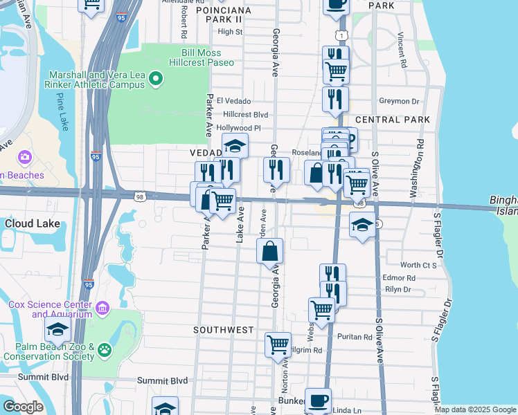 map of restaurants, bars, coffee shops, grocery stores, and more near 745 Southern Boulevard in West Palm Beach