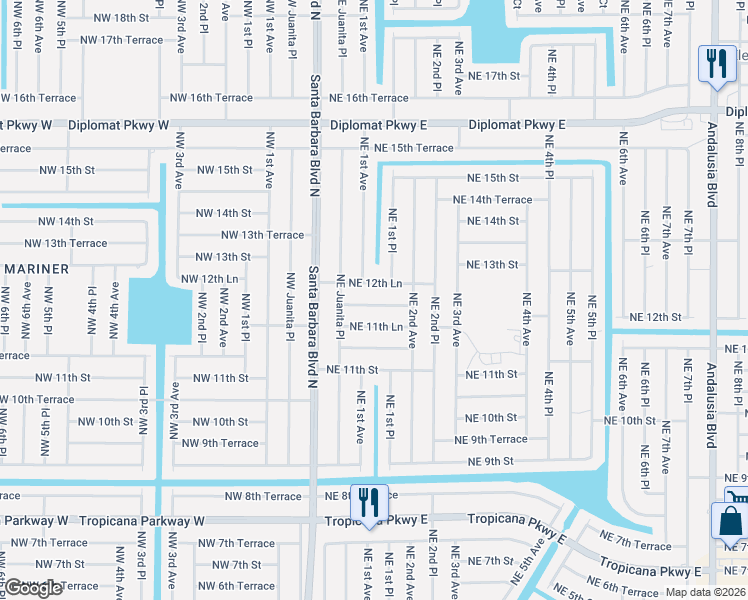 map of restaurants, bars, coffee shops, grocery stores, and more near 105 Northeast 12th Terrace in Cape Coral