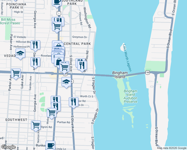 map of restaurants, bars, coffee shops, grocery stores, and more near Southern Blvd & S Flagler Dr in West Palm Beach