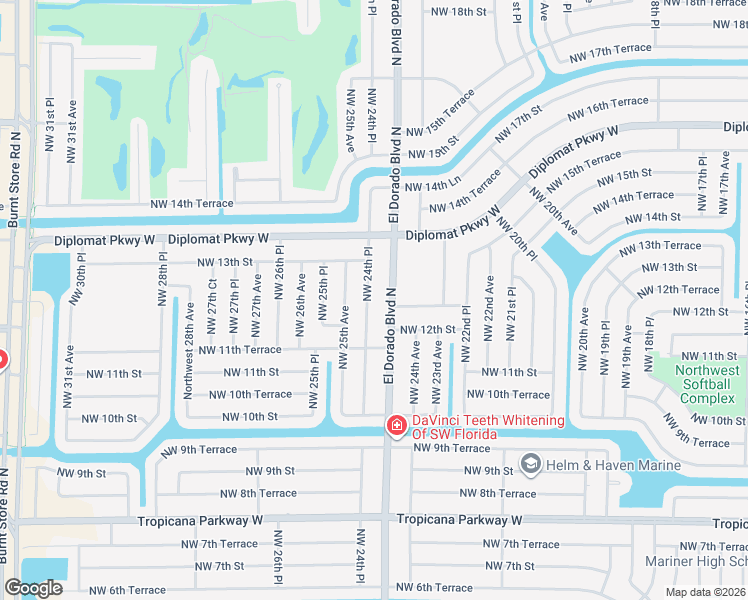 map of restaurants, bars, coffee shops, grocery stores, and more near 1224 Northwest 24th Place in Cape Coral