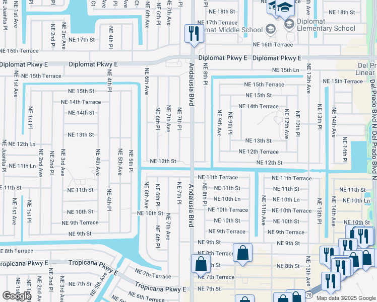 map of restaurants, bars, coffee shops, grocery stores, and more near 1212 Andalusia Boulevard in Cape Coral