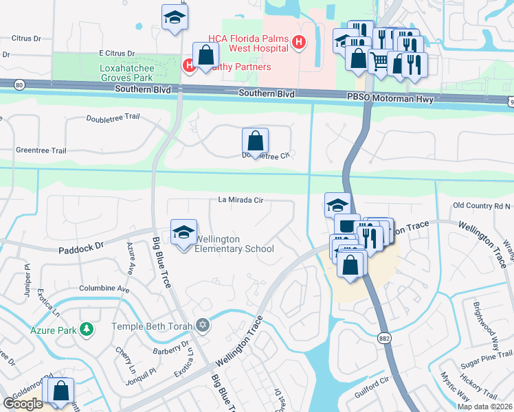 map of restaurants, bars, coffee shops, grocery stores, and more near 13362 La Mirada Circle in Wellington