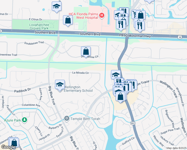 map of restaurants, bars, coffee shops, grocery stores, and more near 13325 La Mirada Circle in Wellington