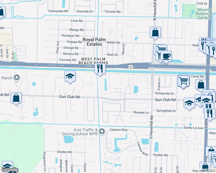 map of restaurants, bars, coffee shops, grocery stores, and more near 105 Pheasant Run Boulevard in West Palm Beach