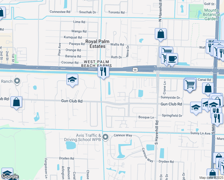 map of restaurants, bars, coffee shops, grocery stores, and more near 105 Pheasant Run Boulevard in West Palm Beach