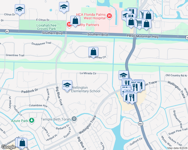 map of restaurants, bars, coffee shops, grocery stores, and more near 13362 La Mirada Circle in Wellington