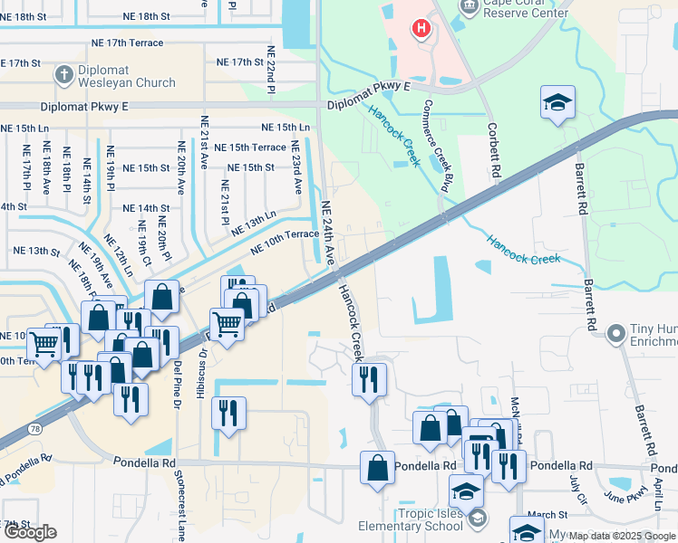 map of restaurants, bars, coffee shops, grocery stores, and more near Pine Island Rd & Hancock Creek S Blvd in Hancock
