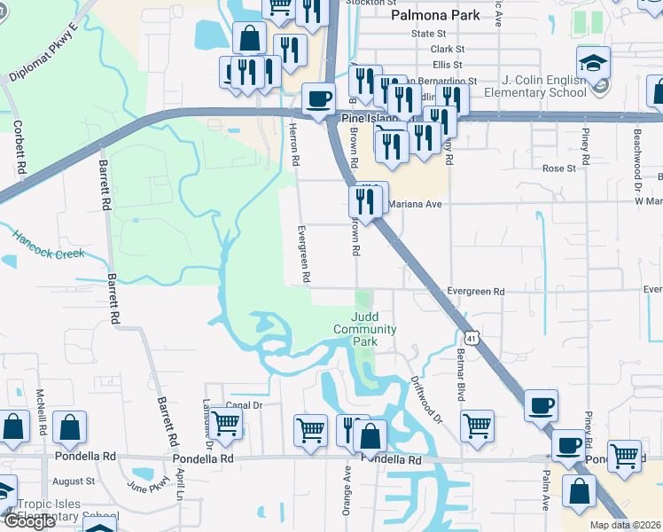 map of restaurants, bars, coffee shops, grocery stores, and more near 536 Evergreen Road in North Fort Myers