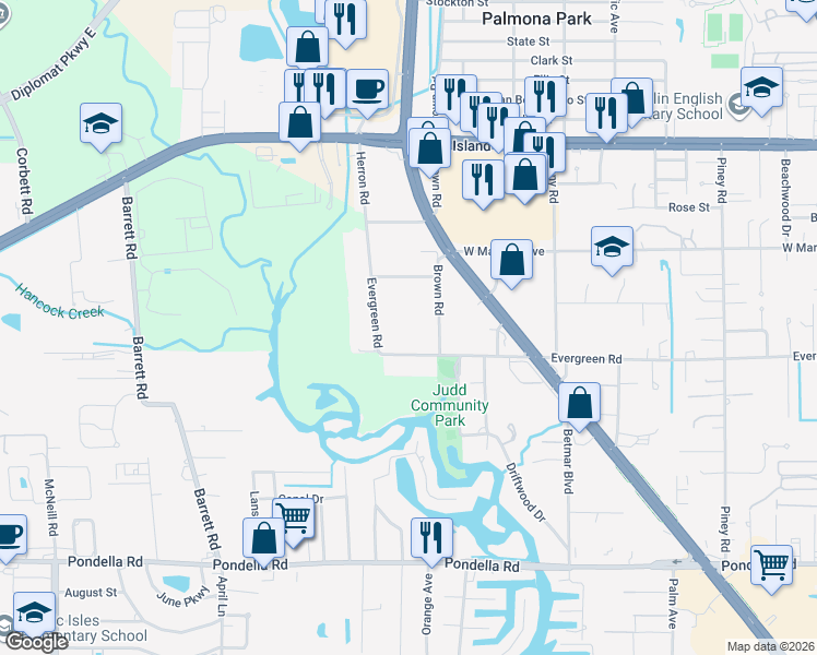map of restaurants, bars, coffee shops, grocery stores, and more near 536 Evergreen Road in North Fort Myers