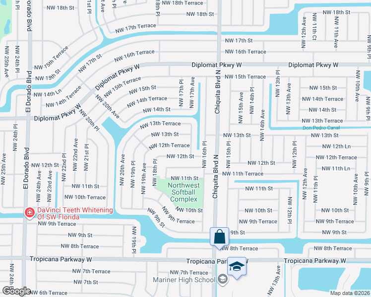 map of restaurants, bars, coffee shops, grocery stores, and more near 1704 Northwest 12th Terrace in Cape Coral