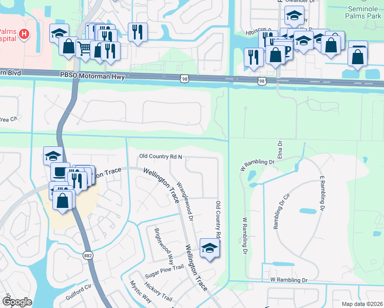 map of restaurants, bars, coffee shops, grocery stores, and more near 12189 Old Country Road North in Wellington