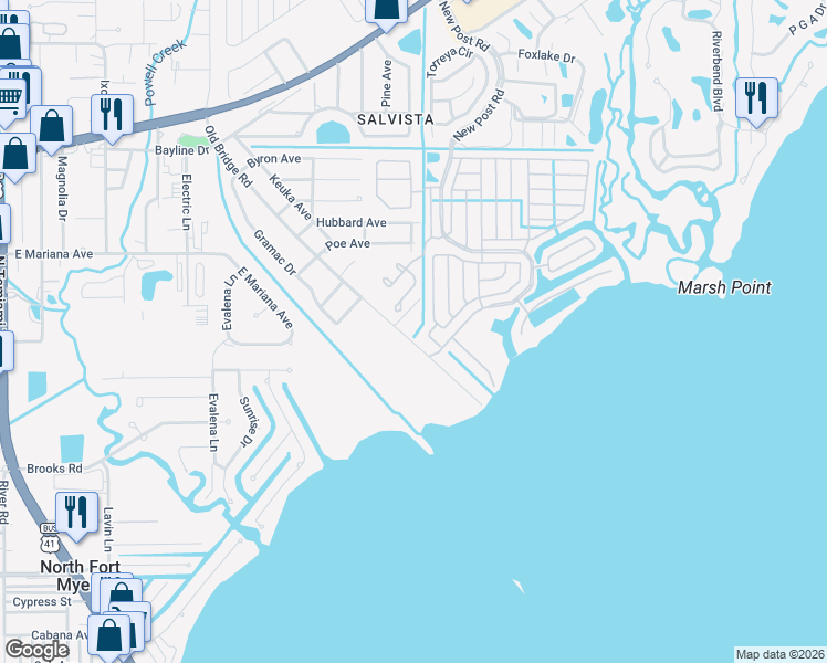 map of restaurants, bars, coffee shops, grocery stores, and more near 1108 Old Bridge Road in North Fort Myers