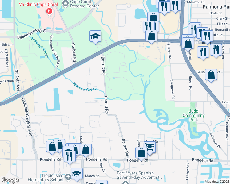 map of restaurants, bars, coffee shops, grocery stores, and more near 1314 Barrett Road in North Fort Myers
