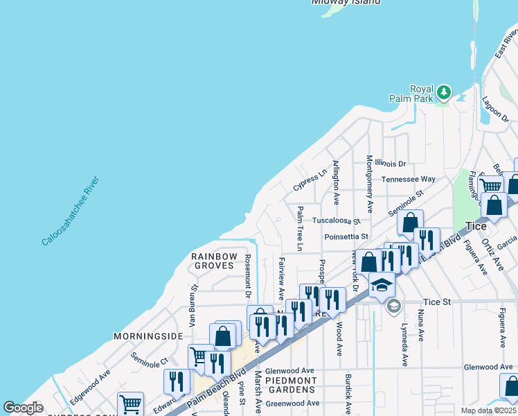 map of restaurants, bars, coffee shops, grocery stores, and more near 105 Fairview Avenue in Fort Myers