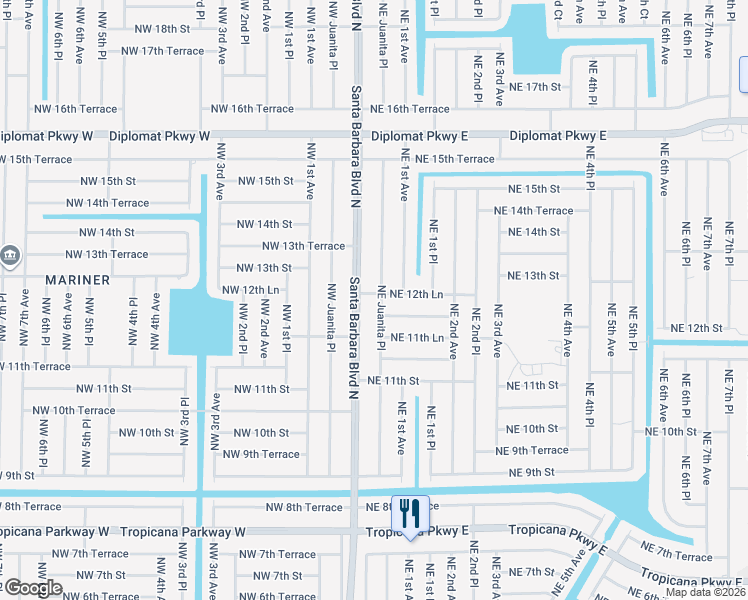map of restaurants, bars, coffee shops, grocery stores, and more near 1210 Northeast Juanita Place in Cape Coral