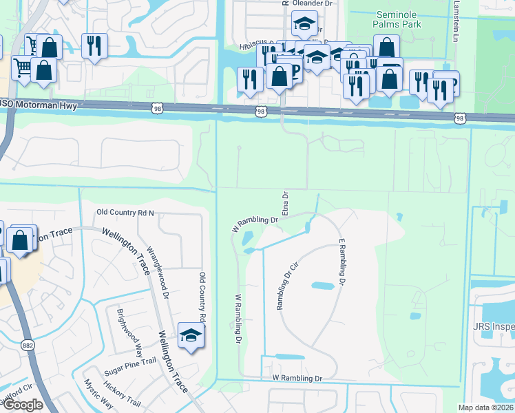 map of restaurants, bars, coffee shops, grocery stores, and more near 11817 West Rambling Drive in Wellington