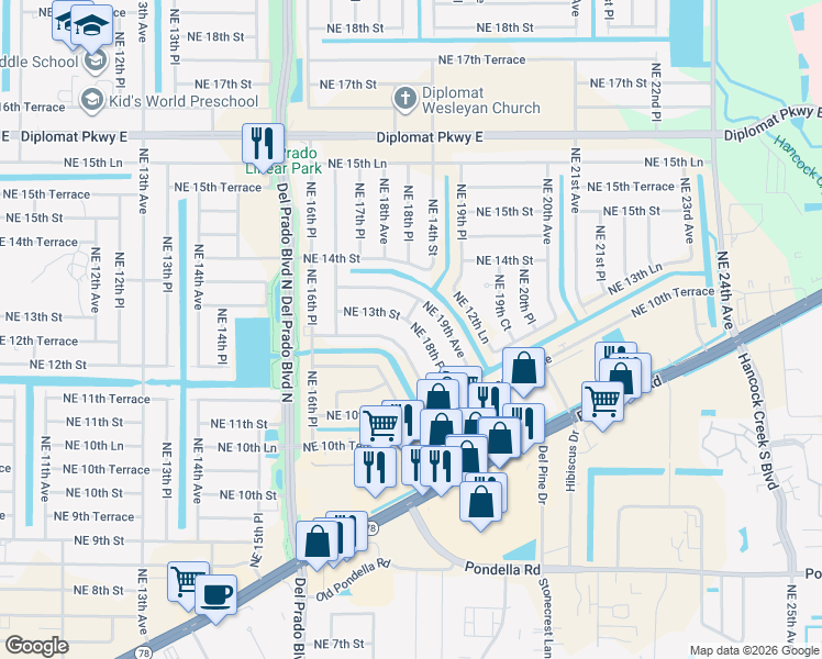 map of restaurants, bars, coffee shops, grocery stores, and more near 1734 Northeast 13th Street in Cape Coral