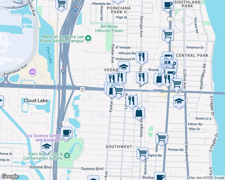 map of restaurants, bars, coffee shops, grocery stores, and more near Southern Blvd & Parker Ave in West Palm Beach