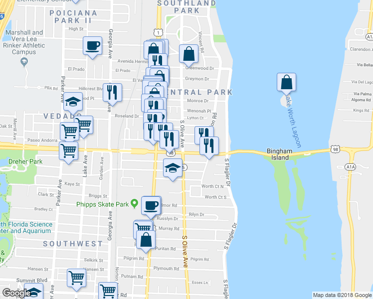 map of restaurants, bars, coffee shops, grocery stores, and more near 251 Southern Boulevard in West Palm Beach
