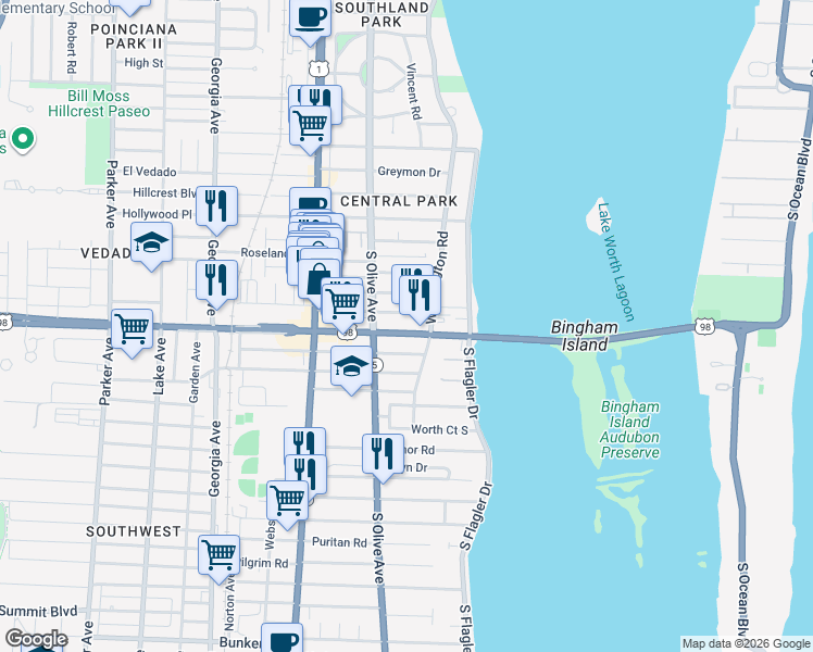 map of restaurants, bars, coffee shops, grocery stores, and more near in West Palm Beach