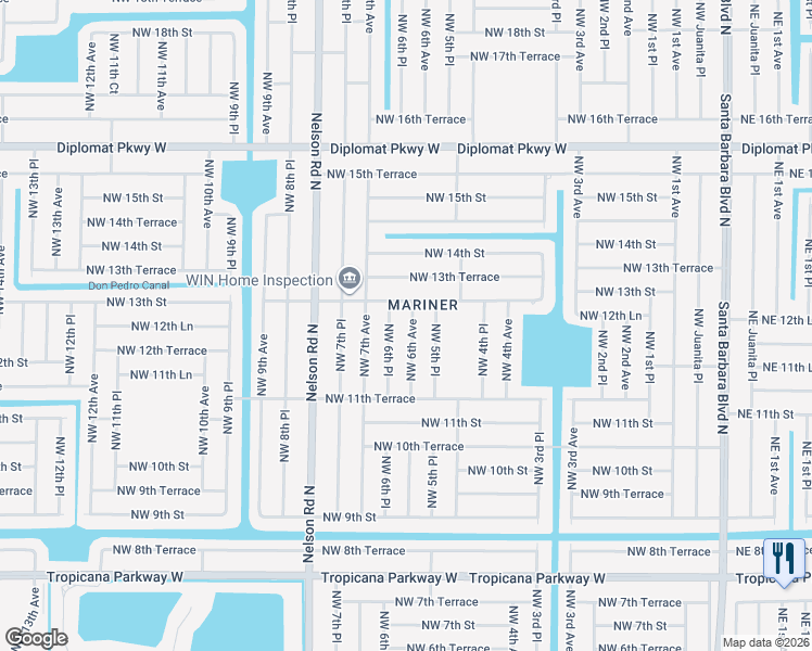 map of restaurants, bars, coffee shops, grocery stores, and more near 1154 Northwest 6th Avenue in Cape Coral