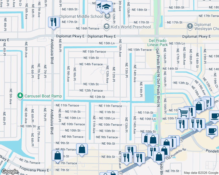 map of restaurants, bars, coffee shops, grocery stores, and more near 1122 Northeast 13th Street in Cape Coral