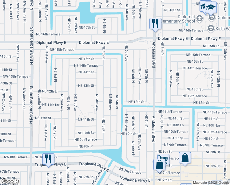 map of restaurants, bars, coffee shops, grocery stores, and more near 1221 Northeast 5th Avenue in Cape Coral