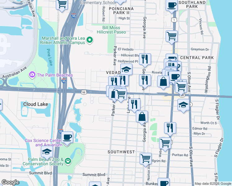 map of restaurants, bars, coffee shops, grocery stores, and more near Southern Boulevard in West Palm Beach