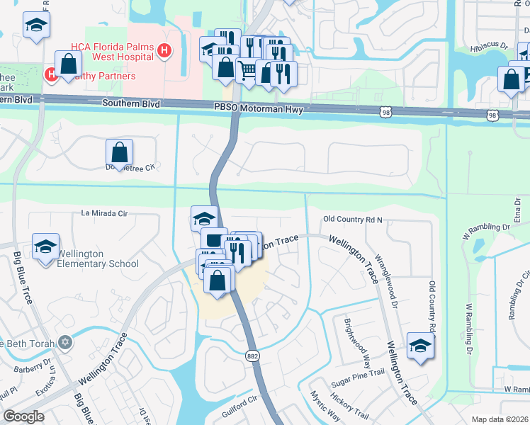map of restaurants, bars, coffee shops, grocery stores, and more near 12665 Timber Pine Trail in Wellington