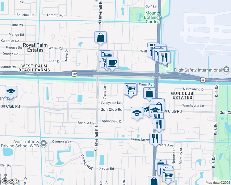 map of restaurants, bars, coffee shops, grocery stores, and more near 107 Katrina Circle in West Palm Beach