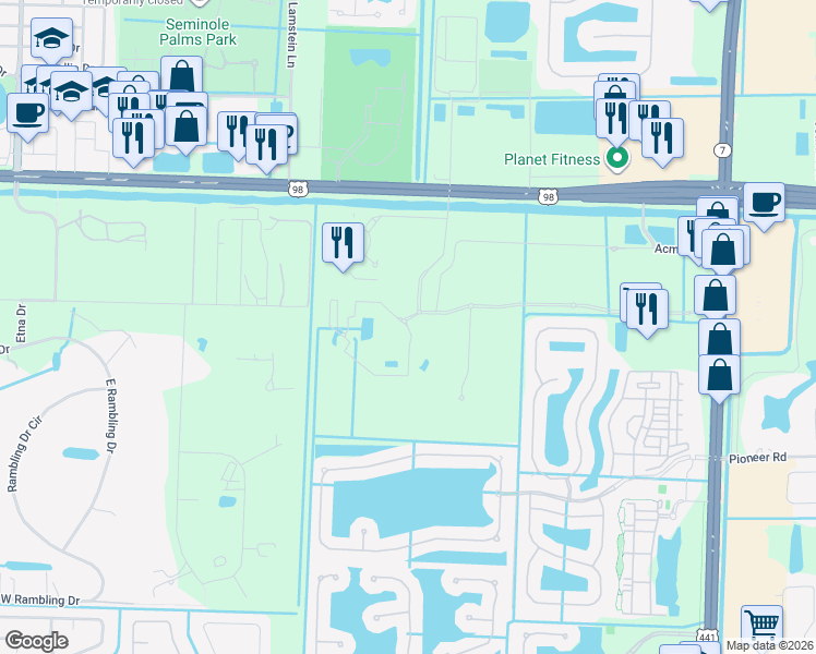 map of restaurants, bars, coffee shops, grocery stores, and more near 11200 Nicole Drive in Royal Palm Beach