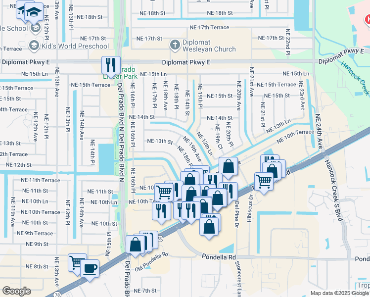 map of restaurants, bars, coffee shops, grocery stores, and more near 1223 Northeast 18th Place in Cape Coral