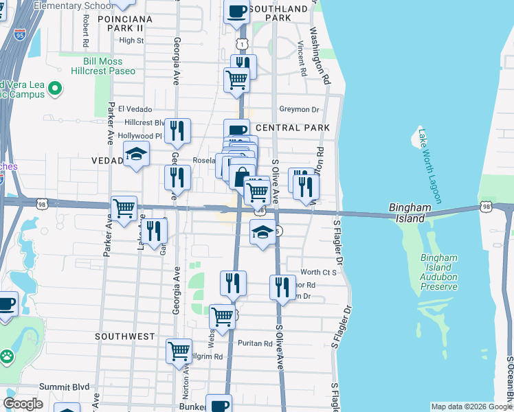 map of restaurants, bars, coffee shops, grocery stores, and more near 333 Southern Boulevard in West Palm Beach
