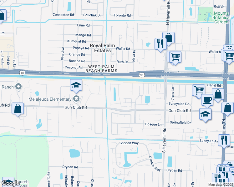 map of restaurants, bars, coffee shops, grocery stores, and more near 105 Pheasant Run Boulevard in West Palm Beach