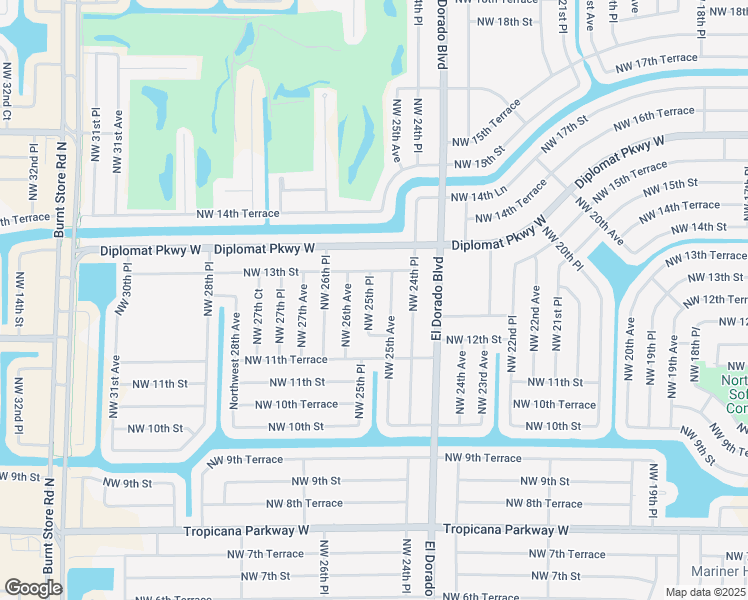 map of restaurants, bars, coffee shops, grocery stores, and more near 1221 Northwest 25th Place in Cape Coral
