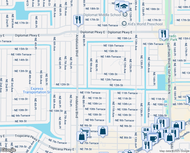 map of restaurants, bars, coffee shops, grocery stores, and more near 1220 Northeast 9th Avenue in Cape Coral