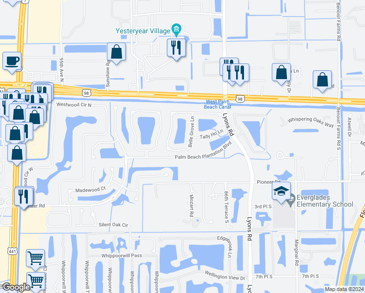 map of restaurants, bars, coffee shops, grocery stores, and more near 620 Belle Grove Lane in Royal Palm Beach