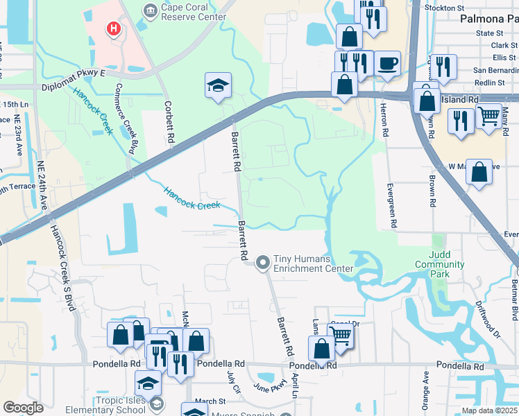 map of restaurants, bars, coffee shops, grocery stores, and more near 1314 Barrett Road in North Fort Myers