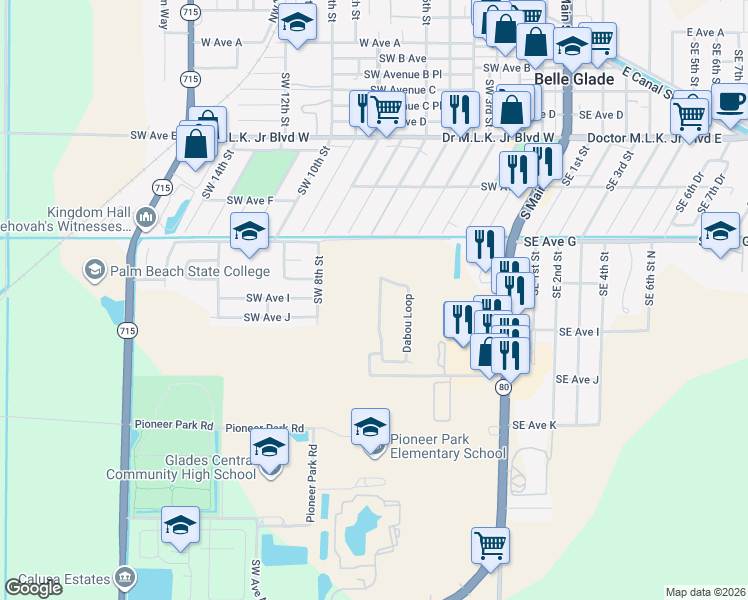 map of restaurants, bars, coffee shops, grocery stores, and more near 110 Dabou Loop in Belle Glade