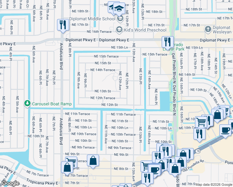 map of restaurants, bars, coffee shops, grocery stores, and more near 1122 Northeast 13th Street in Cape Coral